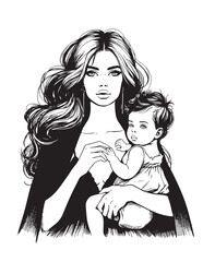 Hand made illustration of attractive fashion mummy and baby