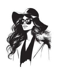 Hand made illustration of attractive of woman in hat and sunglasses