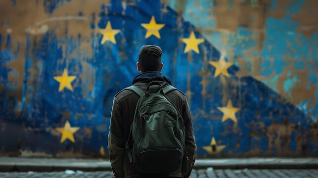 A person stands before a mural of the European Union flag, symbolizing unity and identity.