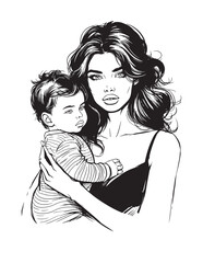 Hand made illustration of beautiful mummy and baby