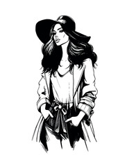 Handmade illustration of fashion woman in modern hat