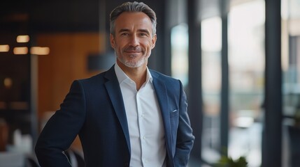 Fototapeta premium Professional businessman standing confidently in modern office setting, smiling warmly with stylish attire and sophisticated demeanor, ideal for corporate and motivational themes