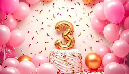 A pink and gold 3rd birthday anniversary celebration with balloons and confetti