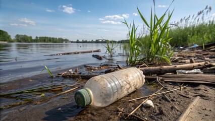 A Dirty Plastic Bottle on the Shore Highlights Pollution Crisis in a Contaminated River, Exposing Environmental Dangers and Urging Action Against Water Pollution