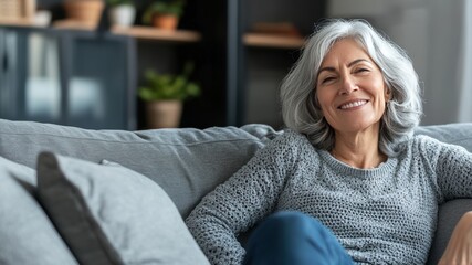 Obraz premium Smiling Senior Woman with Silver Hair Relaxing on Sofa in Cozy Living Room, Looking Content and Happy While Enjoying Comfortable Atmosphere at Home