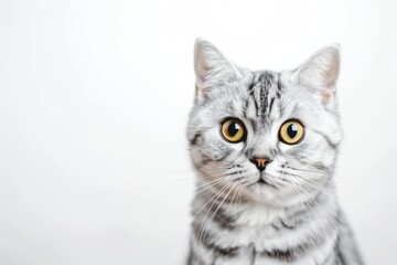Obraz premium A close-up of a silver tabby cat with striking yellow eyes against a plain background.