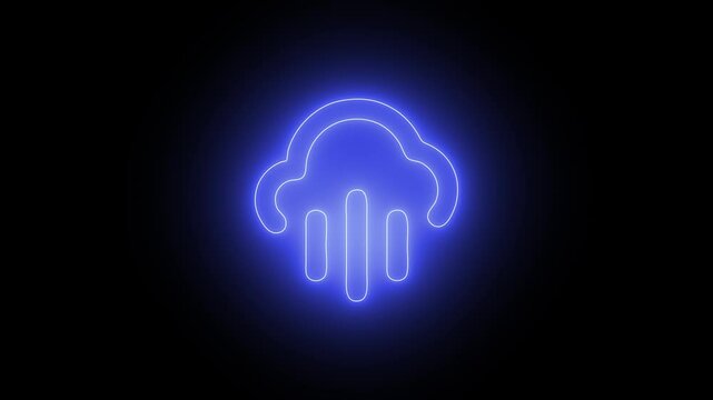 neon rain cloud icon animation with a black background. blue neon weather cloud animation with alpha channel 