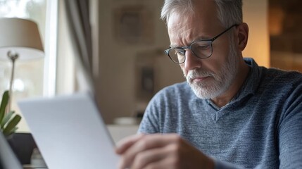 Obraz premium Thoughtful Senior Man Reading Paperwork at Home with Natural Light Illuminating His Features, Creating a Calm and Reflective Atmosphere for Personal Growth