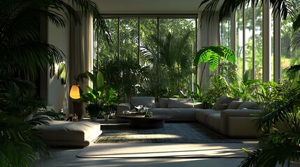 Modern Living Room Surrounded by Lush Greenery