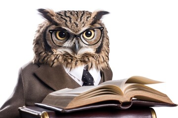 Obraz premium A charming owl wearing a sophisticated suit and reading glasses, deeply absorbed in a book, sitting on a perch with a thoughtful expression, isolated on white background