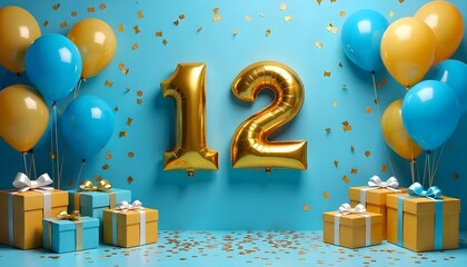 A blue and gold 12th birthday anniversary celebration with balloons and confetti