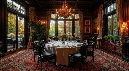 Fototapeta premium Elegant dining room with large windows, chandelier, and round table set for a meal.