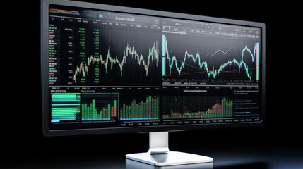 A close-up view of a computer screen displaying detailed financial graphs with fluctuating lines and bar charts, showcasing market trends and data analysis, isolated on white background 