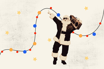 Creative 3D photo collage trend artwork template of Xmas season happy December holiday party dance boombox aged man Santa claus relax