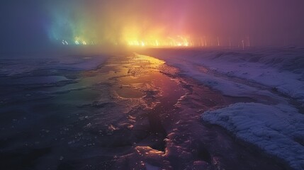 Fototapeta premium Ethereal landscape with colorful lights and icy terrain.
