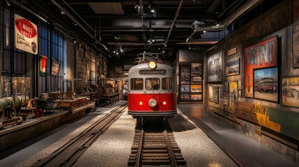 Obraz premium Vintage Red Streetcar Exhibit Inside a Historical Museum with Artifacts, Displays, and Photographs Showcasing Urban Transportation History
