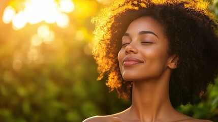 Fototapeta premium Beautiful Woman Enjoying Sunlight and Nature, Radiating Joy and Serenity in a Blissful Moment Surrounded by Warm Rays of Sunshine