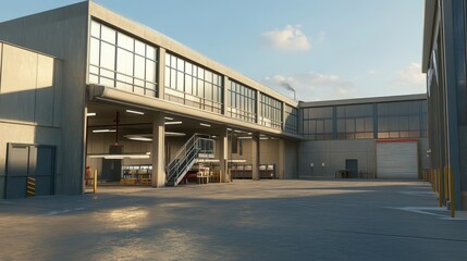 Fototapeta premium Modern industrial building with large windows and a loading area.