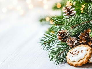 Magical winter forest decorated Christmas tree with mini pies and cookies
