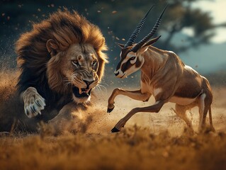 Wild Lion Chases Agile Gazelle in Dramatic African Savannah Hunting Scene