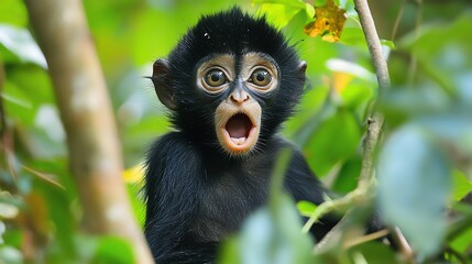 Obraz premium A surprised black monkey with wide eyes in a lush green forest, showcasing the beauty of wildlife.