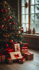 Christmas Tree with Presents and Festive Decorations for Holiday Background