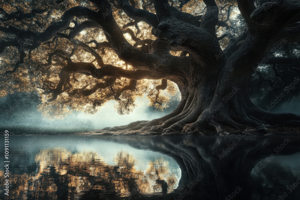 Wall mural majestic ancient tree with sprawling branches reflected in a tranquil lake, illuminated by soft, gol