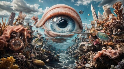 Surreal Underwater Scene Featuring Giant Human Eye Amidst Coral and Cityscape