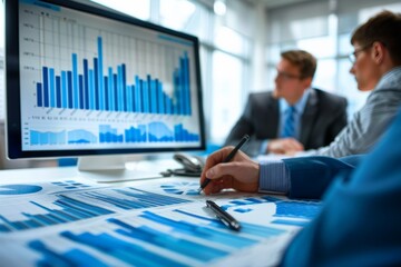 Business professionals reviewing financial charts in bright modern office, focusing on graphs and statistics shown on large screen, collaborative environment for forecasting financial outcomes.