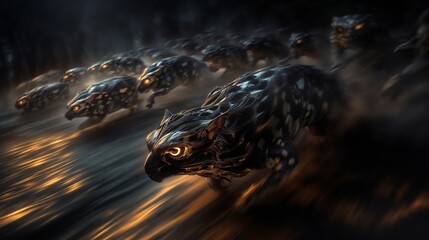 Futuristic Robotic Animals Running in Dark Mysterious Environment at High Speed