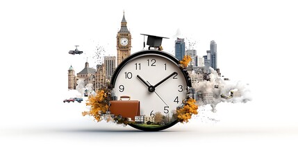 A clock with hands moving rapidly, surrounded by images of career milestones like a briefcase, graduation cap, and portfolio, signifying how time and chance align to help you find the right 