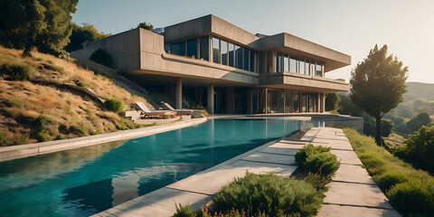 Fototapeta premium futuristic brutalist villa building in the hill, created by generative ai