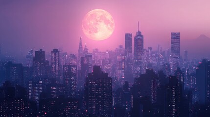Fototapeta premium Ethereal Cityscape Under a Pink Moon: A Stunning View of Urban Skyline with Glittering Lights at Dusk, Creating a Dreamlike Atmosphere of Nightlife and Architecture
