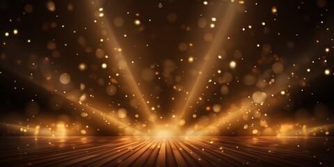 Obraz premium Stunning Abstract Background with Golden Lights and Rays Illuminating a Wooden Floor, Perfect for Celebratory Themes and Elegant Designs