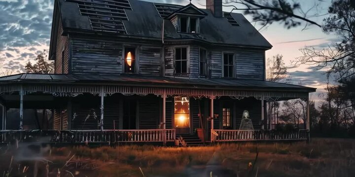 Spooky farmhouse with ghostly s appearing in old family portraits, 4K Video