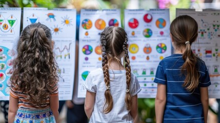 Three young girls stand in front of science posters, viewing autumn-themed diagrams charts outdoors. Hair in braids and ponytails, they engage in educational discussions about fall weather and nature.