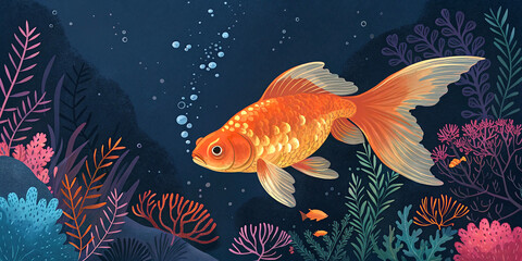 Fototapeta premium A mesmerizing goldfish gracefully swimming through a clear, serene pond, its vibrant orange scales reflecting the sunlight, creating a peaceful and calming atmosphere.