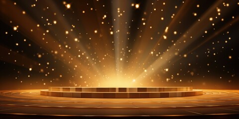 Elegant Golden Stage Background with Sparkling Effects Ideal for Event Promotions, Awards, and Creative Presentations