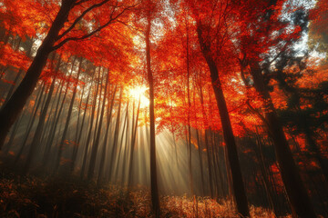 Sunlight filters through vibrant red autumn leaves in a serene forest, casting warm rays and creating a peaceful, enchanting atmosphere.