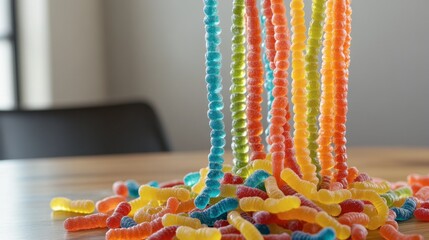 Colorful gummy worm candies spilling from a jar onto a wooden table in a vibrant display of sweet treats, perfect for candy lovers and fun occasions.