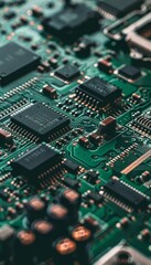 Detailed view of a complex green circuit board at an angle highlighting layers and components