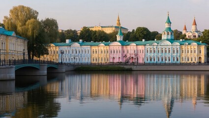 Obraz premium Scenic Urban Riverfront View Featuring Classic Architecture with Beautiful Reflections on Calm Waters, Capturing the Essence of Peaceful City Life