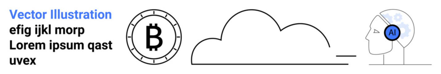 Bitcoin symbol, cloud outline, head with AI headphone. Ideal for technology, cryptocurrency, AI, cloud computing, fintech, innovation automation Landing page