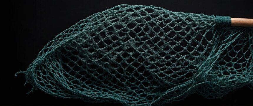 Detailed fishing net against black background, highlighting craftsmanship and connection with outdoor activities and hobbies.