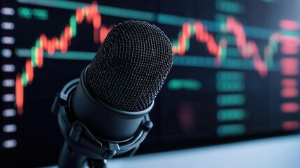 Close-up of a microphone with stock market data in the background.
