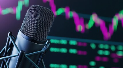 Microphone in front of digital stock market screen, technology concept.