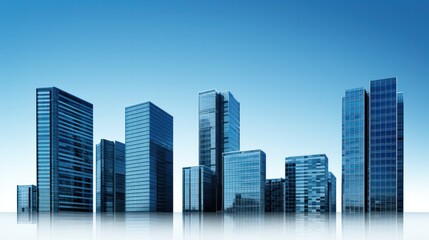 Fototapeta premium A series of high-rise office towers with a uniform, streamlined appearance and a vibrant blue sky backdrop, isolated on white background 