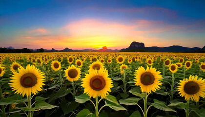 Fototapeta premium Field of sunflowers in full bloom, bathed in the warm glow of a setting sun