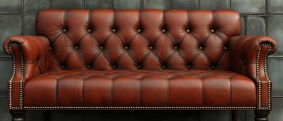 Obraz premium Brown leather couch with a diamond pattern on it. The couch is sitting on a stone wall