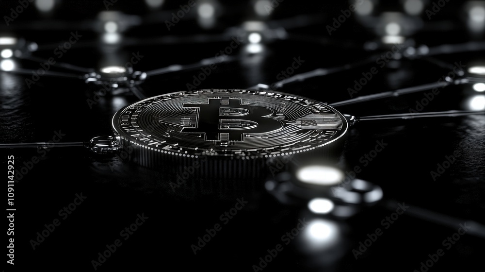 Poster a shining bitcoin coin in front of a glowing network of nodes, symbolizing the power of blockchain a